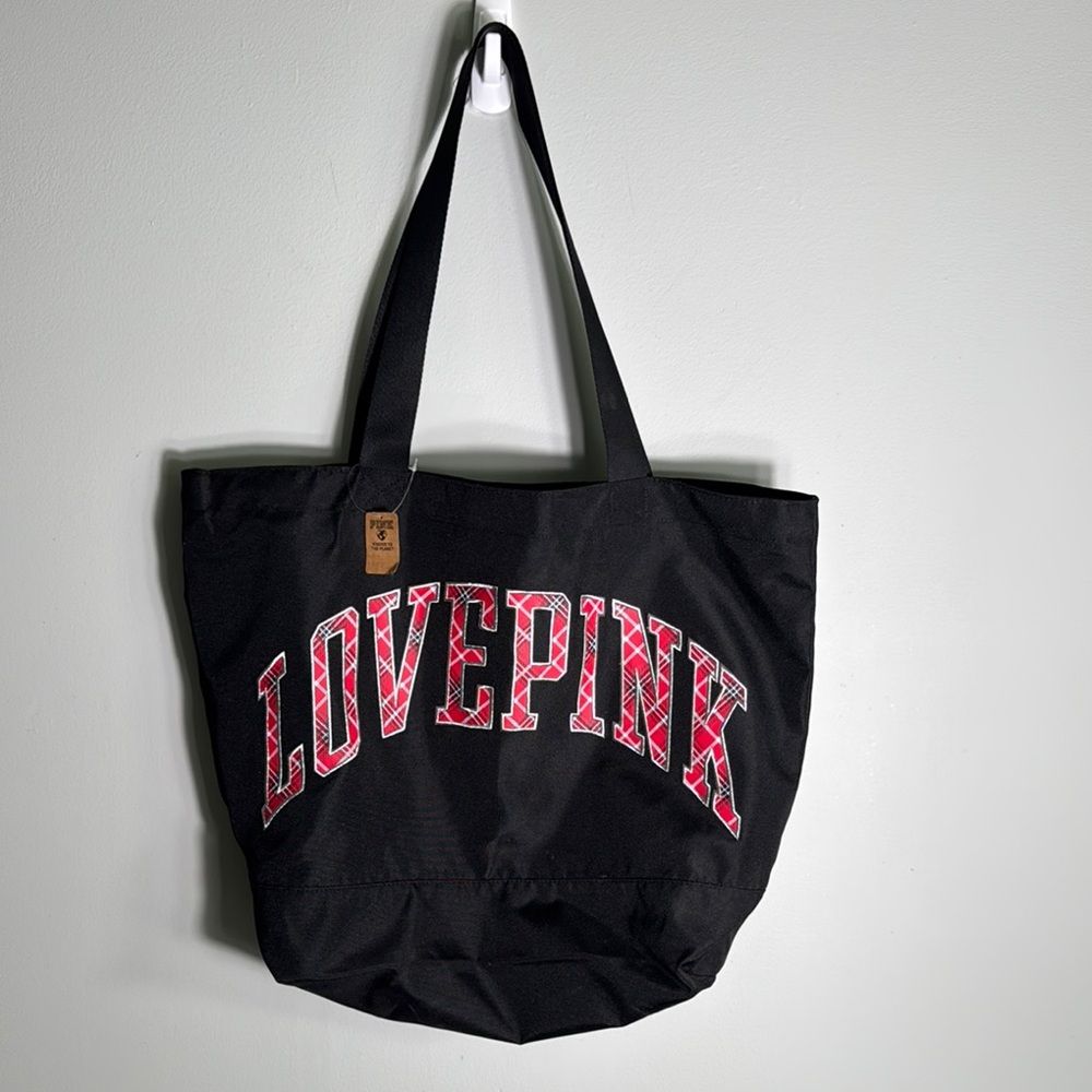 PINK Victoria's Secret Black and Pink Tote Bag with Bold Lettering